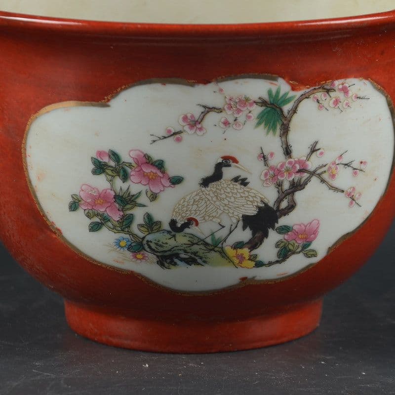 沙紅開窓ツル花鳥図菖蒲鉢 花鉢 景徳鎮 陶磁器 装飾品 現代工芸品 美術品 置物