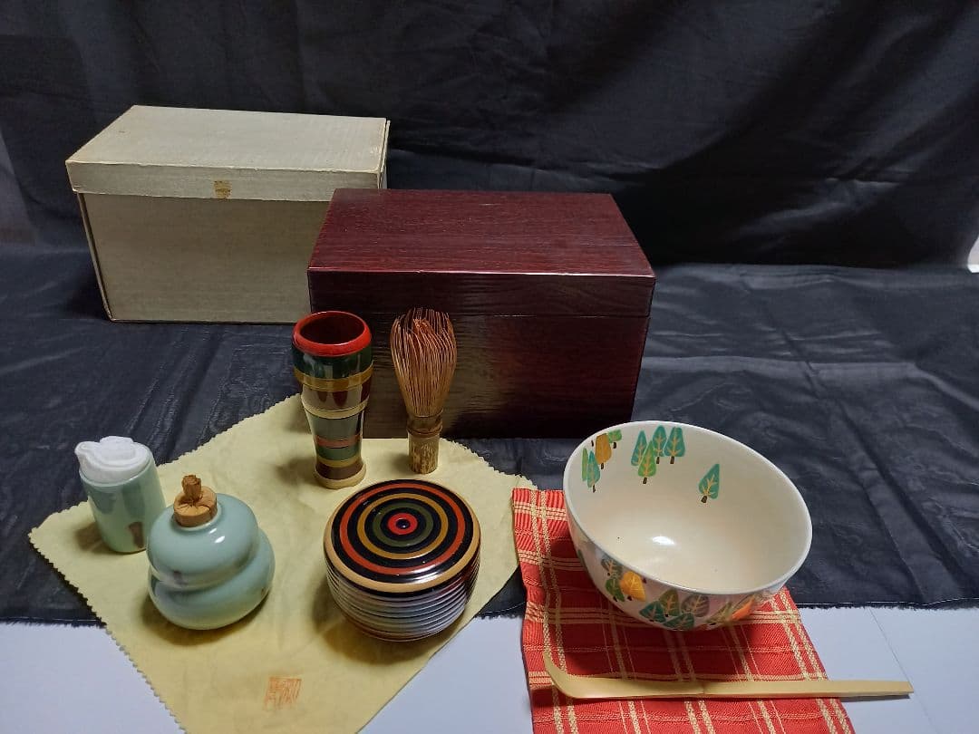 茶道具 鎌倉彫茶箱 抹茶碗 茶筅 茶筅立 棗 茶杓 古帛紗 振出 茶巾セット