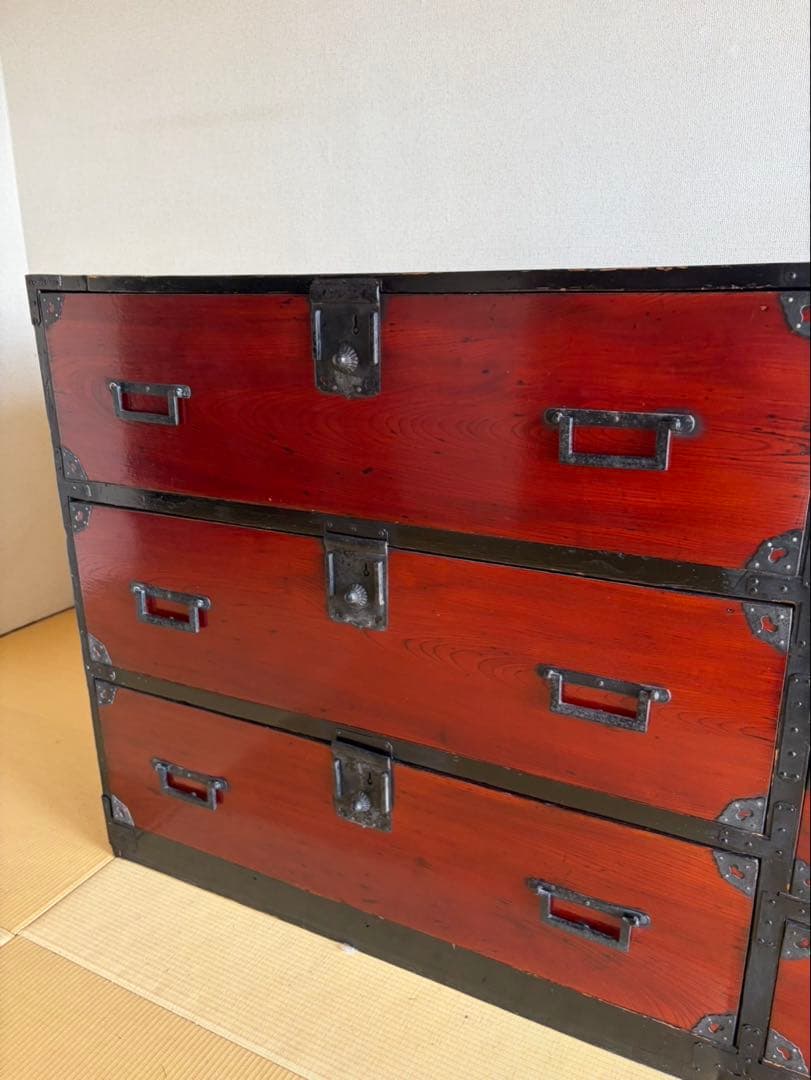 鍵付時代箪笥　和箪笥　閂　棒箪笥　隠し箱　飾り金具　アンティーク
