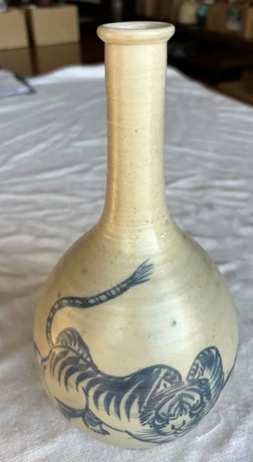 古伊万里　古染付 竹虎図 鶴首徳利　 花器 一輪挿し 時代物