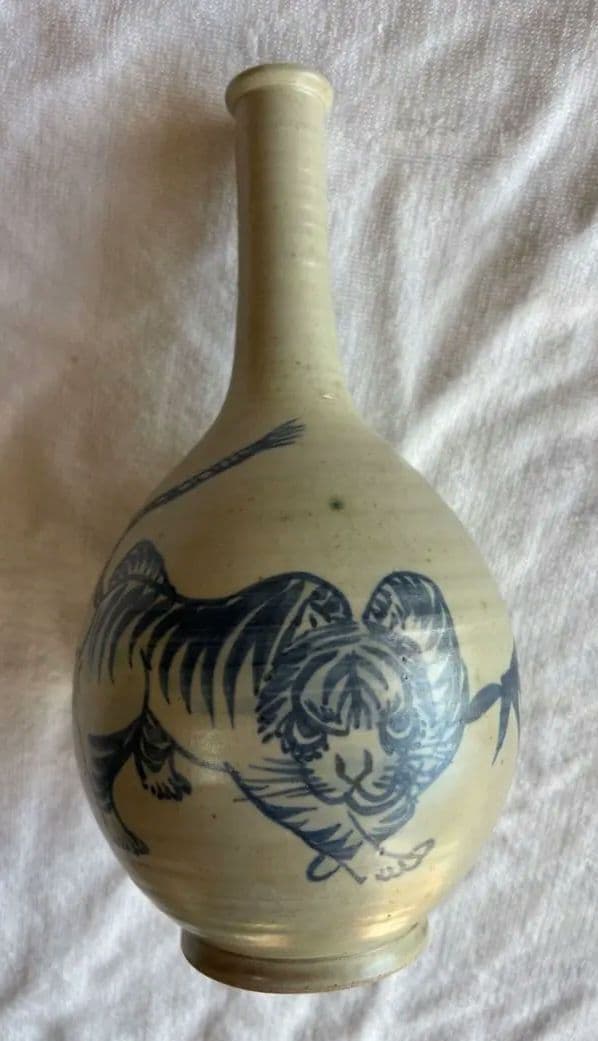 古伊万里　古染付 竹虎図 鶴首徳利　 花器 一輪挿し 時代物