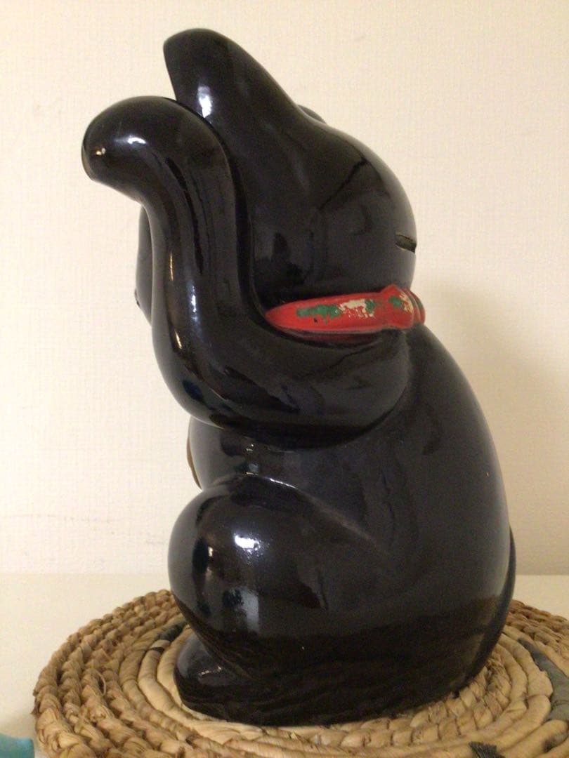 旧家〜蔵出し整理品 昭和レトロ 招き猫 貯金箱 25cm 縁起物/万両/陶器製