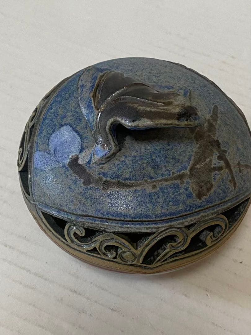 中国美術 彩繪簍空圓雕 聞香爐香座 環香座 陶器 茶道具
