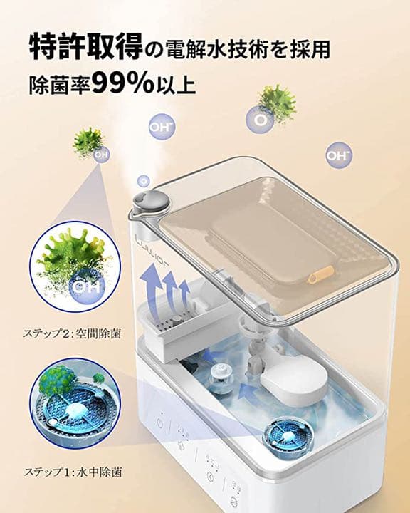 加湿器 卓上 除菌加湿器  電解水除菌 超音波加湿器 大容量 4L 除菌モード