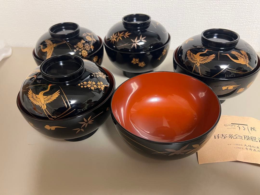 ★新品未使用★石川うるし椀　輪島塗系　高蒔絵「若松文・鶴文」吸物椀(木箱付)